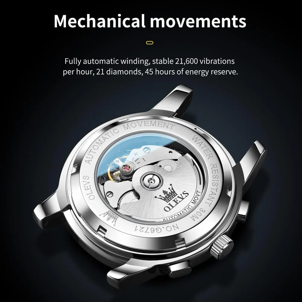 Skeleton Automatic hectare Mechanical Mens Watch Diamond Moon Phase Waterproof Date Self Winding Gentlemen Watch OLEVS Watches for Men Luxury 