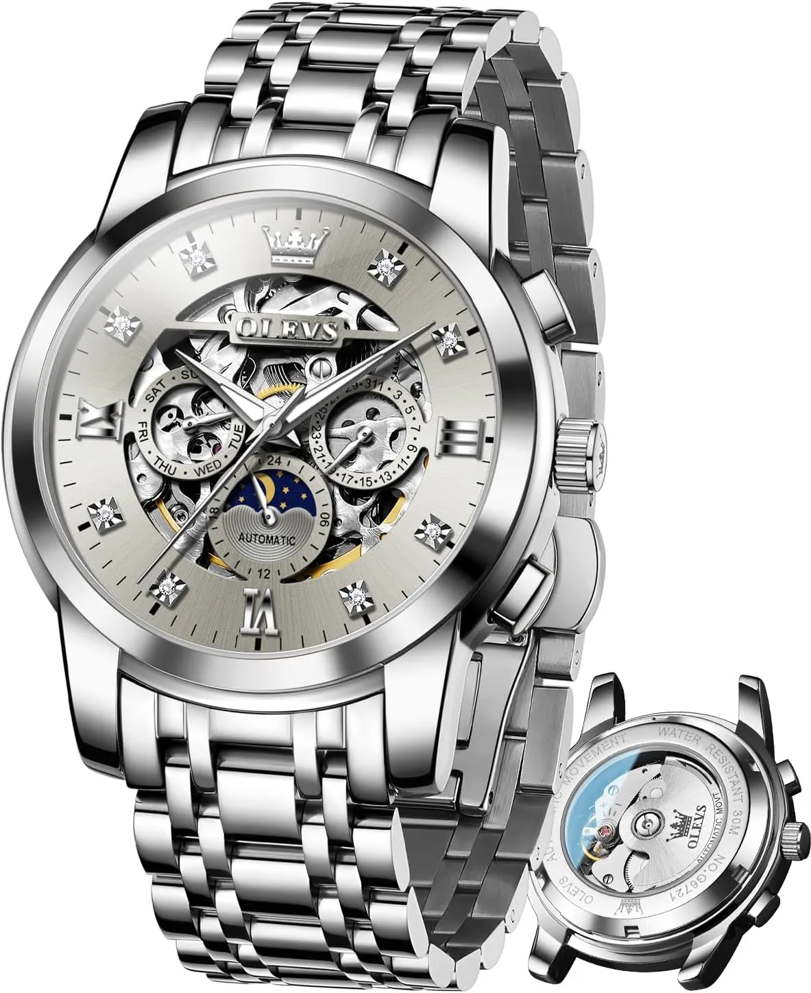 Skeleton Automatic hectare Mechanical Mens Watch Diamond Moon Phase Waterproof Date Self Winding Gentlemen Watch OLEVS Watches for Men Luxury 