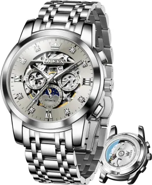 Skeleton Automatic hectare Mechanical Mens Watch Diamond Moon Phase Waterproof Date Self Winding Gentlemen Watch OLEVS Watches for Men Luxury 