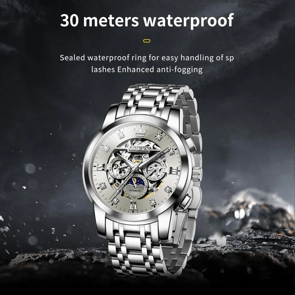 Skeleton Automatic hectare Mechanical Mens Watch Diamond Moon Phase Waterproof Date Self Winding Gentlemen Watch OLEVS Watches for Men Luxury 