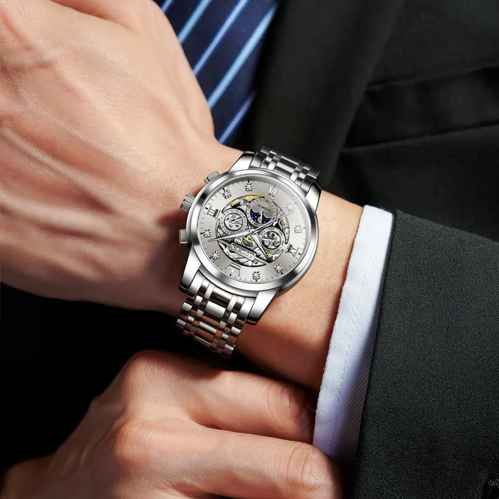 Skeleton Automatic hectare Mechanical Mens Watch Diamond Moon Phase Waterproof Date Self Winding Gentlemen Watch OLEVS Watches for Men Luxury 