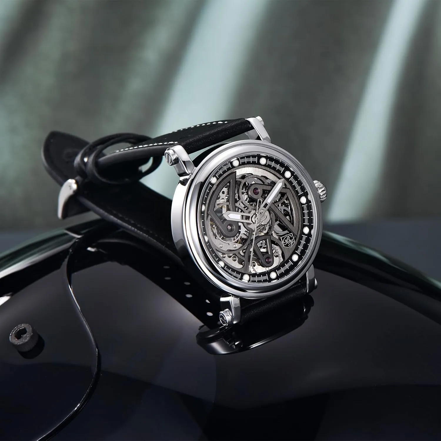 Skeleton dial 50M Waterproof Leather Men's Mechanical Watch Elegant race Gifts for Men BENYAR Automatic Watches for Men Black 
