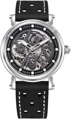 Skeleton dial 50M Waterproof Leather Men's Mechanical Watch Elegant race Gifts for Men BENYAR Automatic Watches for Men Black 