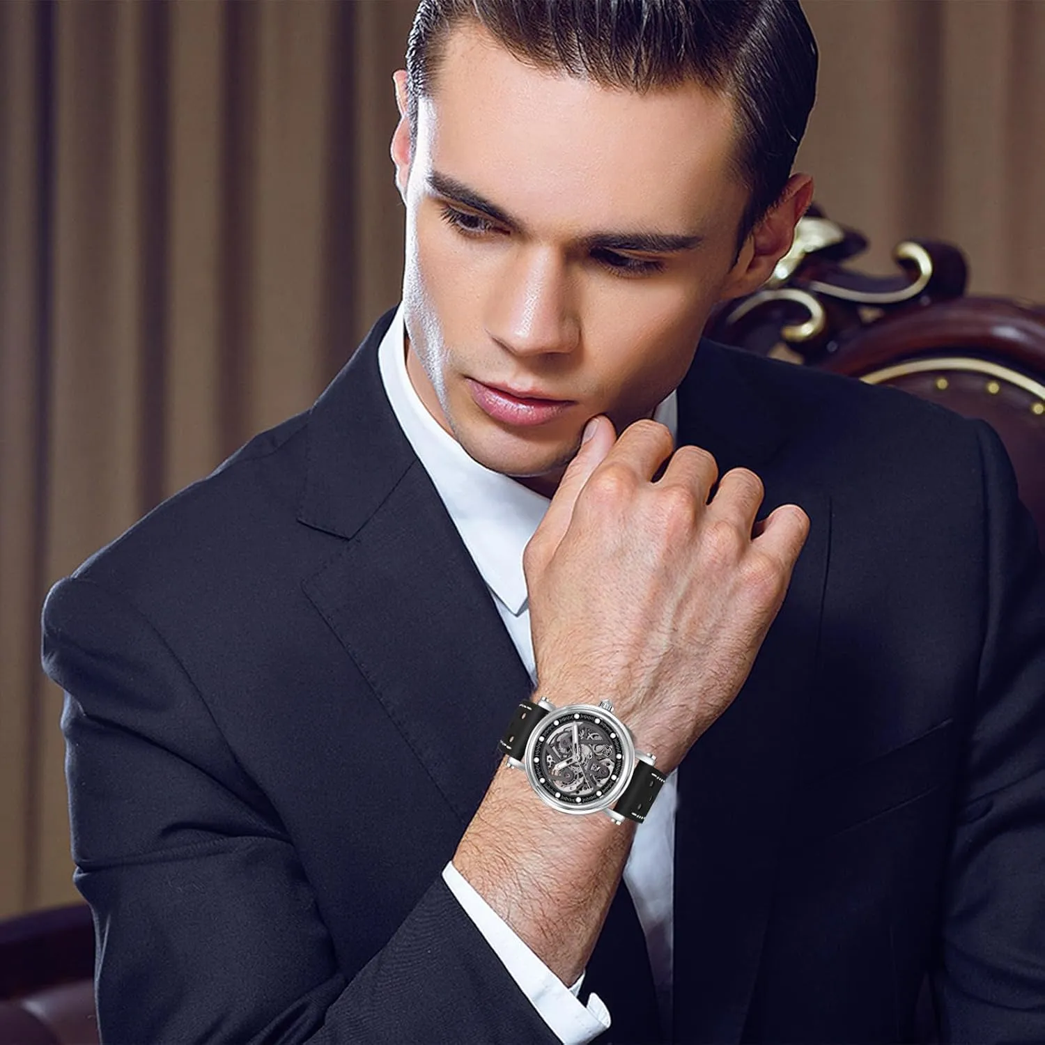 Skeleton dial 50M Waterproof Leather Men's Mechanical Watch Elegant race Gifts for Men BENYAR Automatic Watches for Men Black 