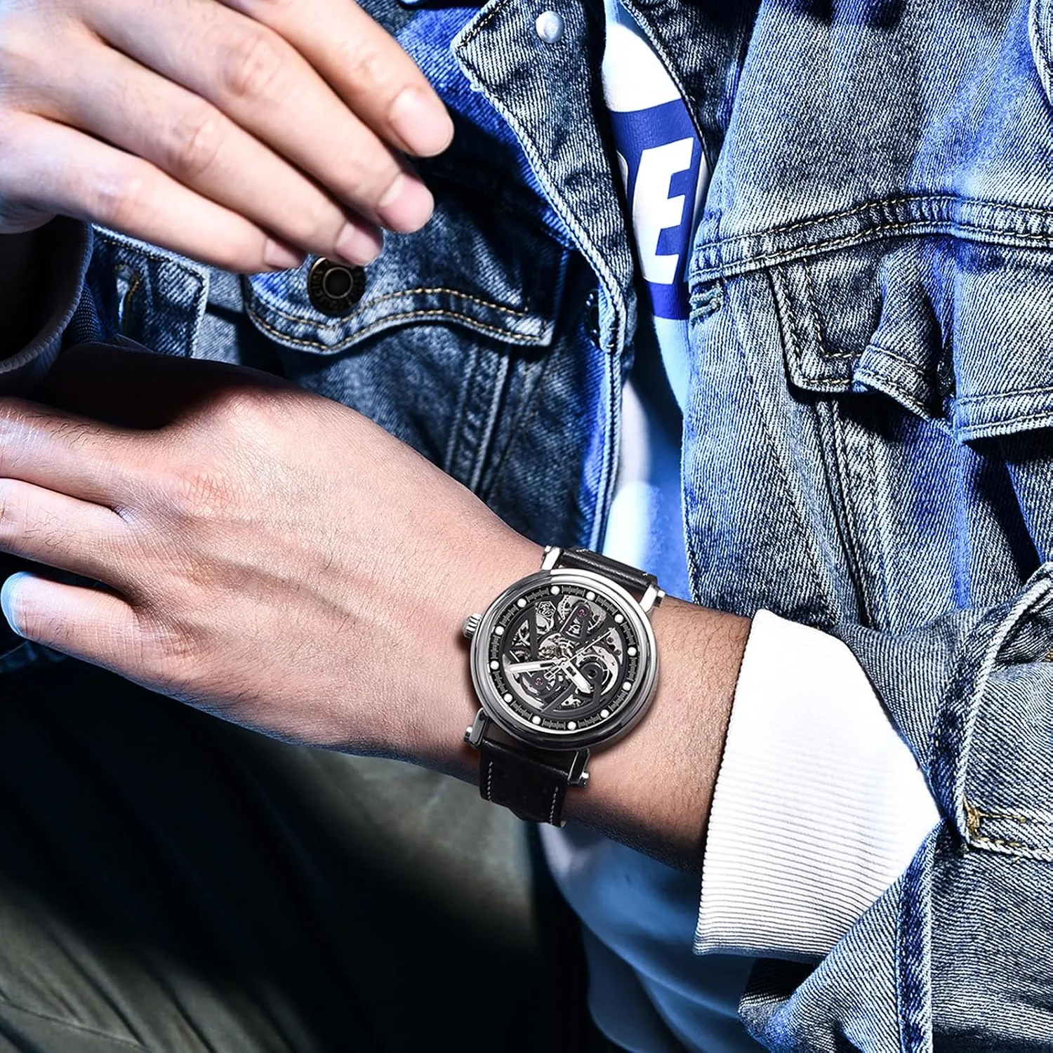 Skeleton dial 50M Waterproof Leather Men's Mechanical Watch Elegant race Gifts for Men BENYAR Automatic Watches for Men Black 