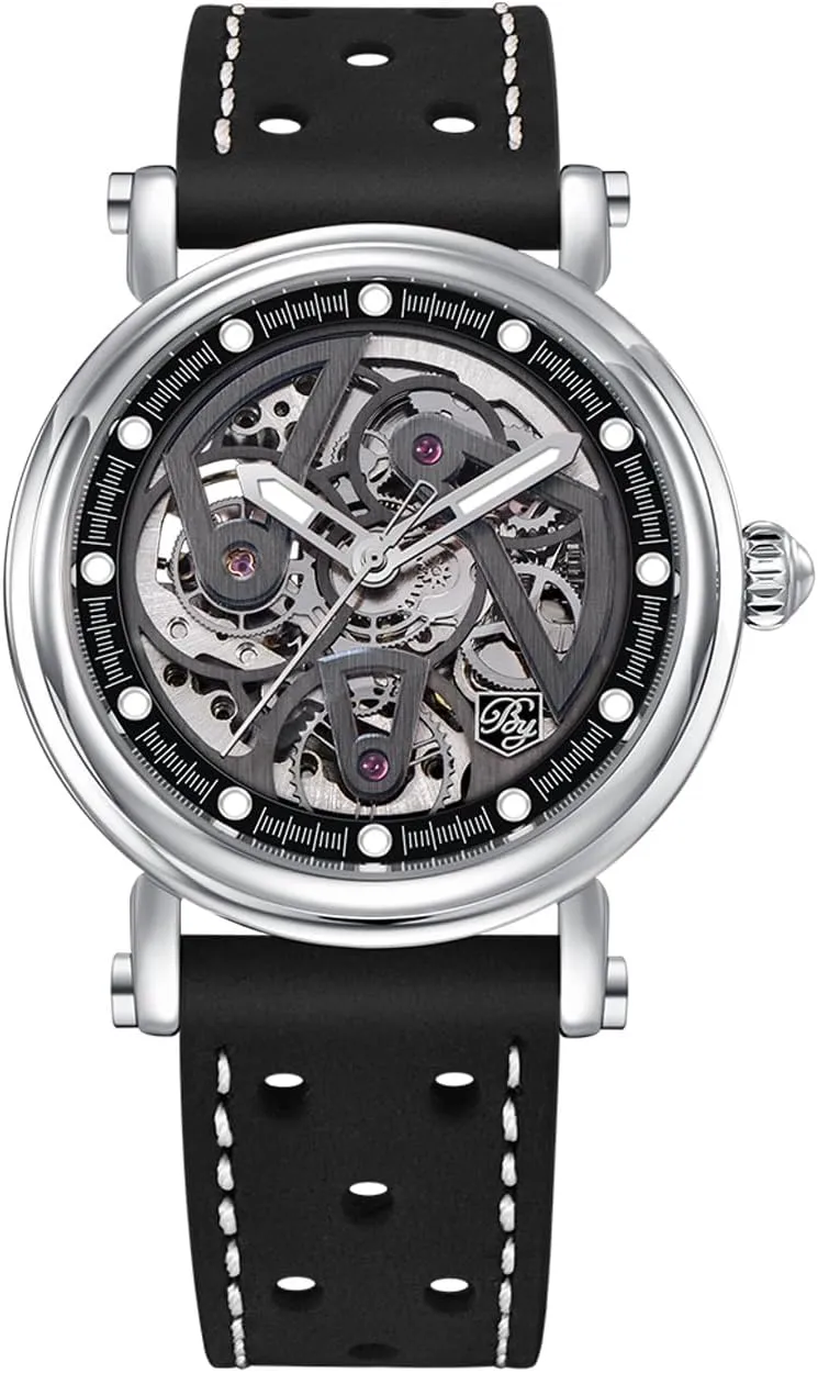 Skeleton dial 50M Waterproof Leather Men's Mechanical Watch Elegant race Gifts for Men BENYAR Automatic Watches for Men Black 