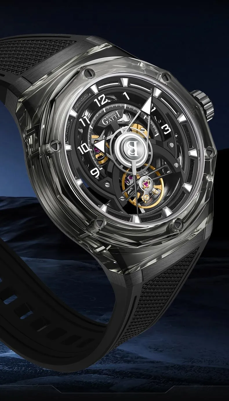 Skeleton Dial (Black) ACHARD BONEST Gatti Men Automatic Watch 45mm Mechanical Wristwatch geothermal silvery Crystal Case Sapphire Luminous Fluororubber Strap 
