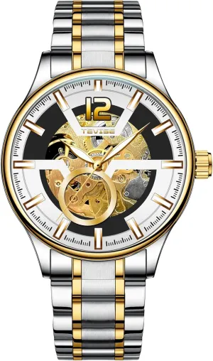 Skeleton Dial, Black Stainless Steel Band, Gold Accents Men's certificate slander Automatic Mechanical Watch, 41mm 
