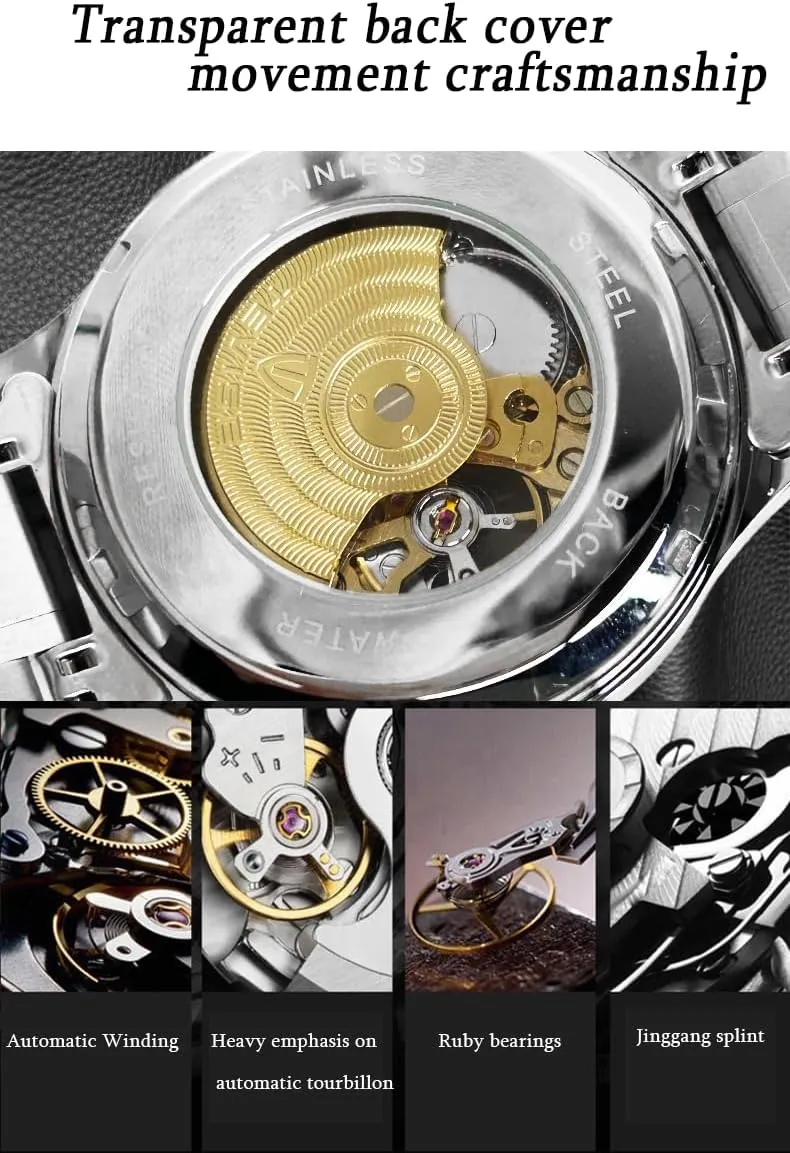 Skeleton Dial, Black Stainless Steel Band, Gold Accents Men's certificate slander Automatic Mechanical Watch, 41mm 