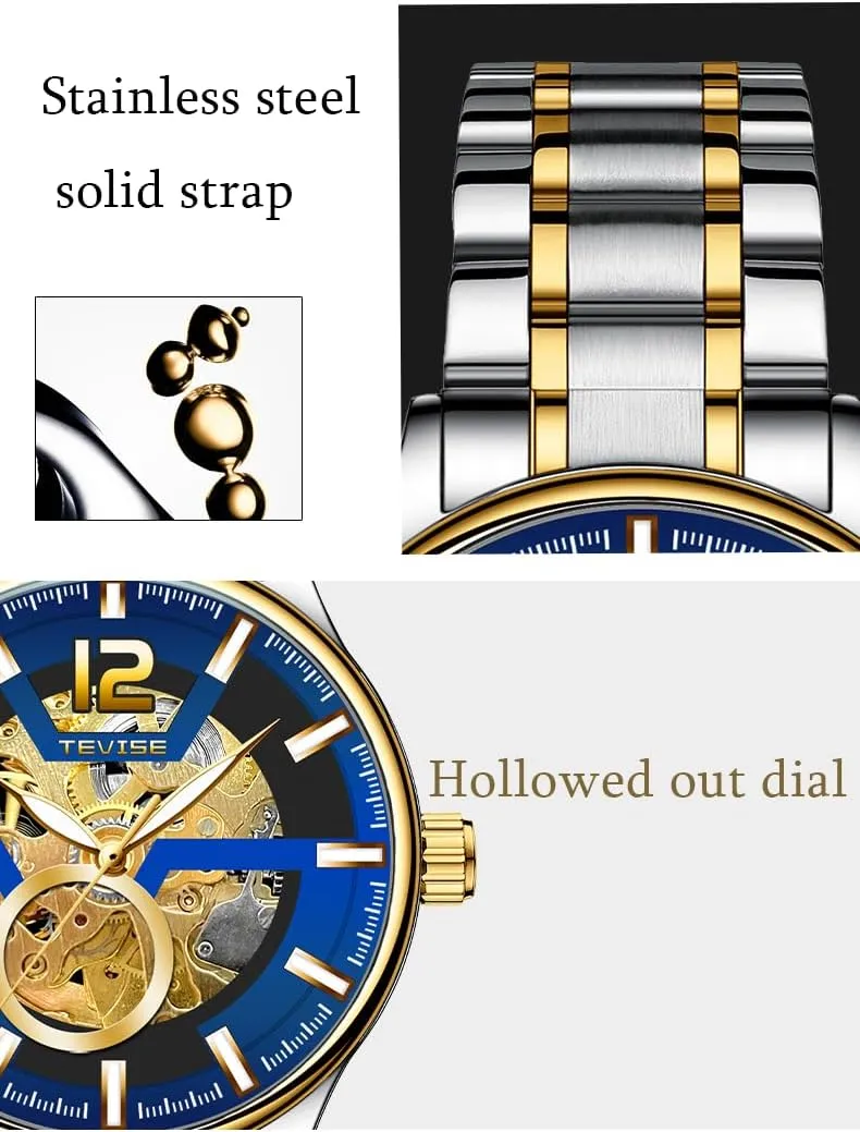 Skeleton Dial, Black Stainless Steel Band, Gold Accents Men's certificate slander Automatic Mechanical Watch, 41mm 