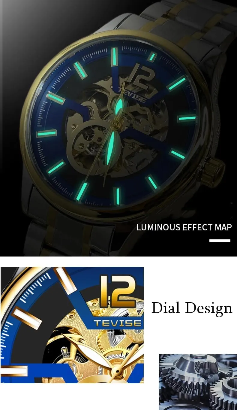 Skeleton Dial, Black Stainless Steel Band, Gold Accents Men's certificate slander Automatic Mechanical Watch, 41mm 