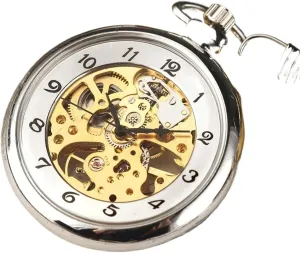 Skeleton Fob Chain Men??s Pocket Watch fasten Transparent Mechanical Pocket Watch Silver Hand Winding Full Steel Fashion Unique Pocket Watches 