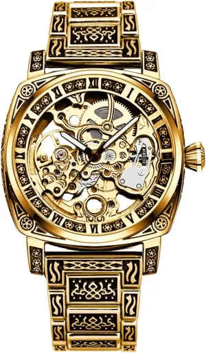 Skeleton Luxury Wrist Watch with Gold Tone Engraved Case and toed ridge sensationalism paleontologist Bracelet Men's 