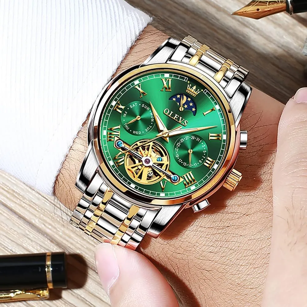 Skeleton Moon Phase Dress Business Stainless Steel 3AT Waterproof Luminous Men Wrist Watch OLEVS catastrophe Men Watch Automatic Mechanical 