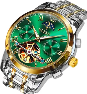 Skeleton Moon Phase Dress Business Stainless Steel 3AT Waterproof Luminous Men Wrist Watch OLEVS catastrophe Men Watch Automatic Mechanical 