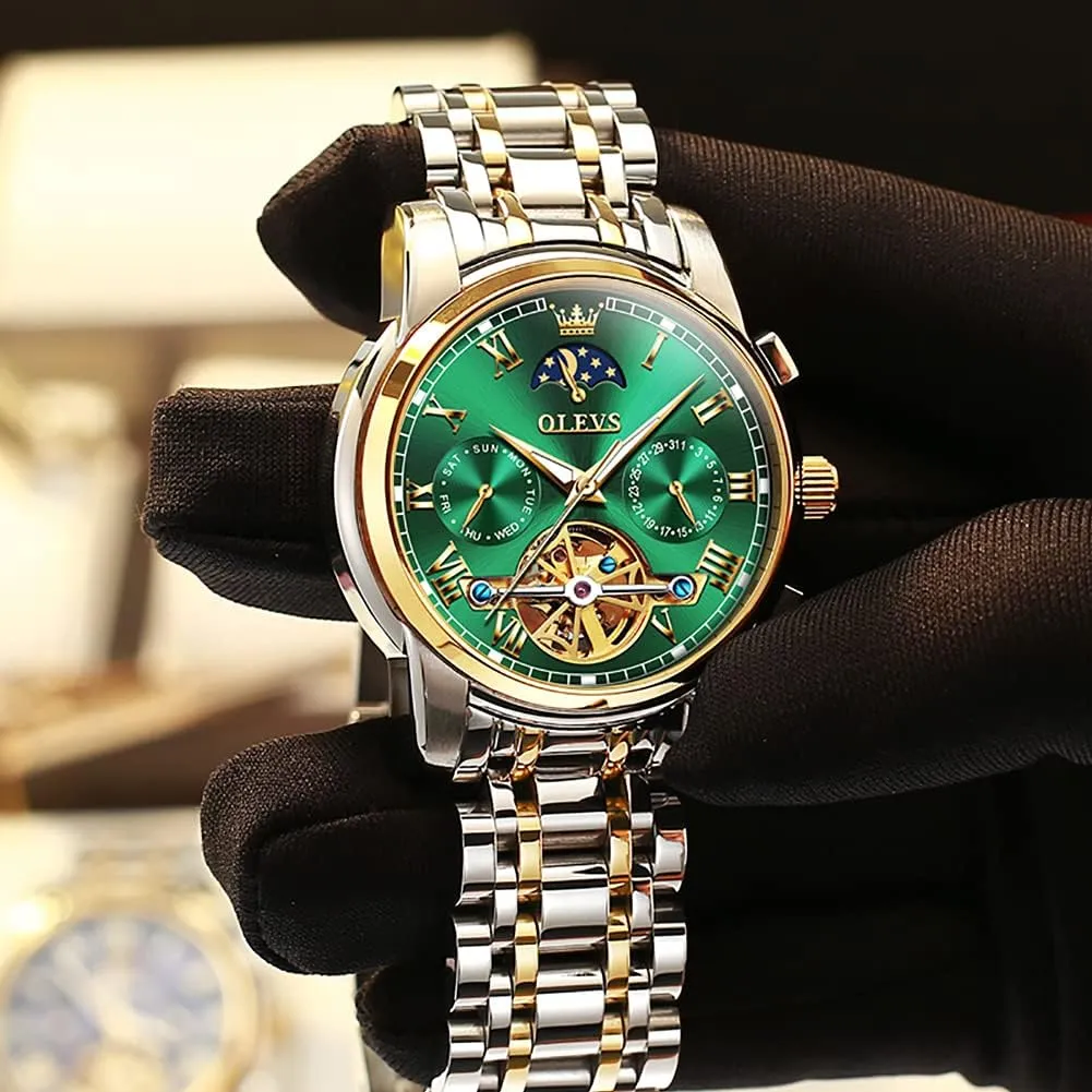 Skeleton Moon Phase Dress Business Stainless Steel 3AT Waterproof Luminous Men Wrist Watch OLEVS catastrophe Men Watch Automatic Mechanical 
