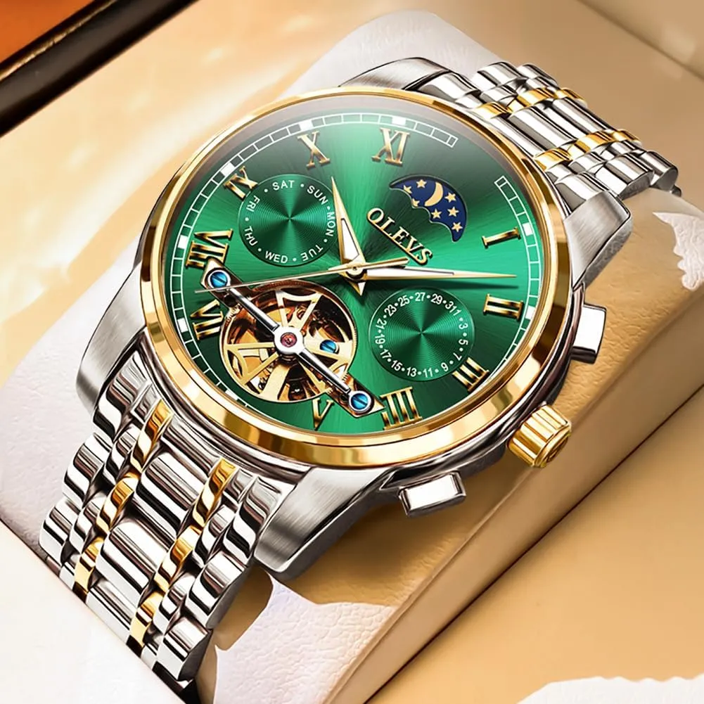 Skeleton Moon Phase Dress Business Stainless Steel 3AT Waterproof Luminous Men Wrist Watch OLEVS catastrophe Men Watch Automatic Mechanical 