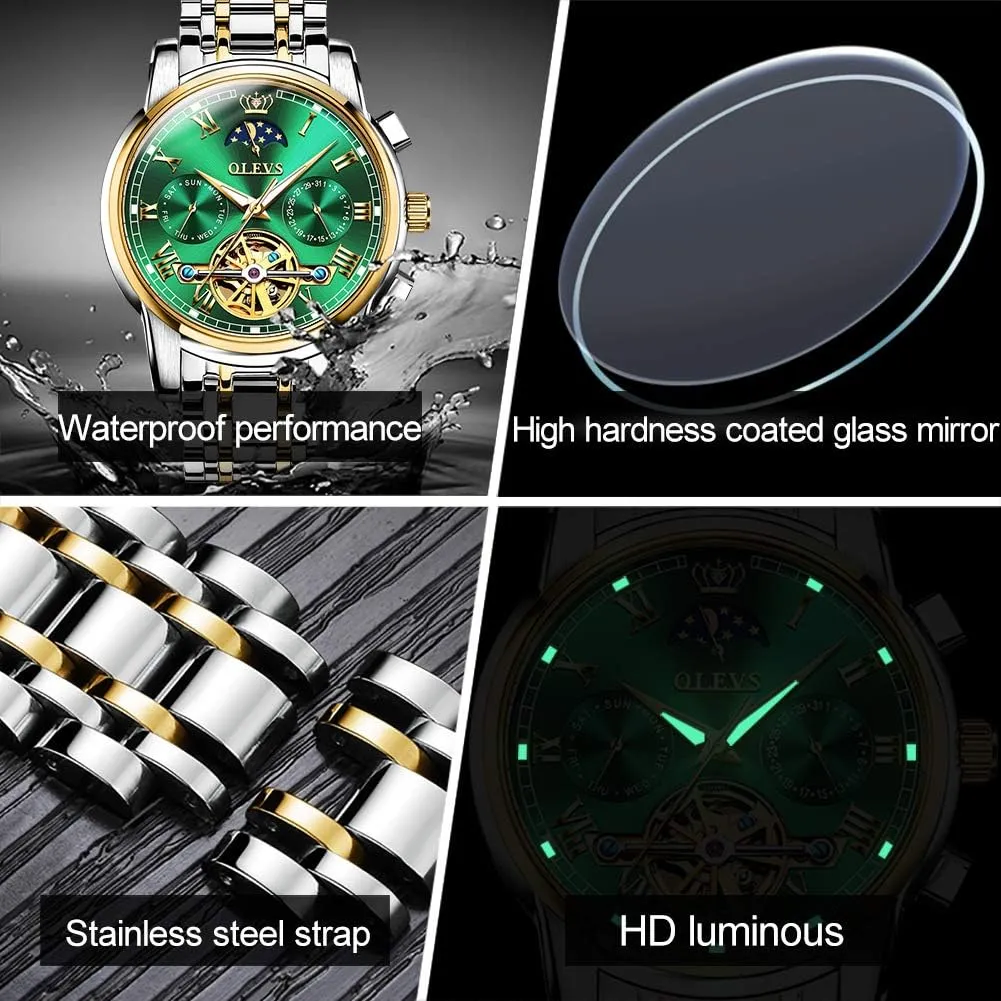 Skeleton Moon Phase Dress Business Stainless Steel 3AT Waterproof Luminous Men Wrist Watch OLEVS catastrophe Men Watch Automatic Mechanical 
