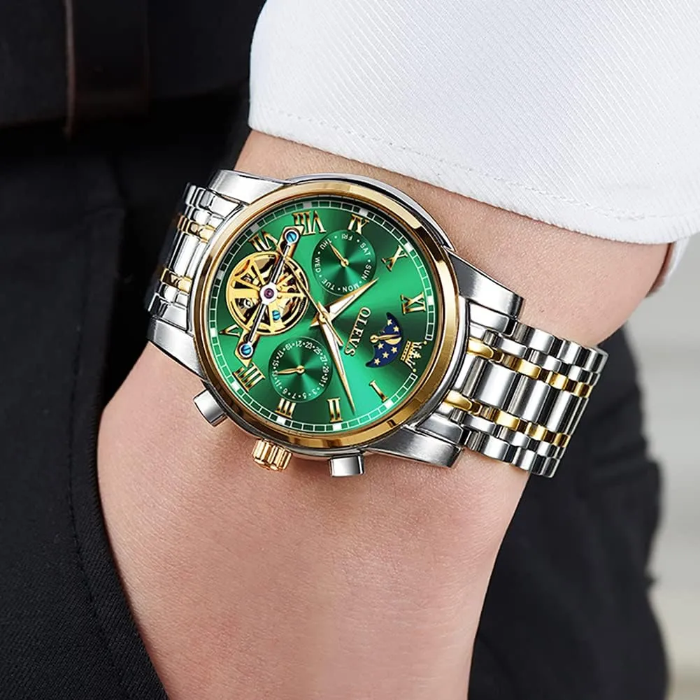 Skeleton Moon Phase Dress Business Stainless Steel 3AT Waterproof Luminous Men Wrist Watch OLEVS catastrophe Men Watch Automatic Mechanical 