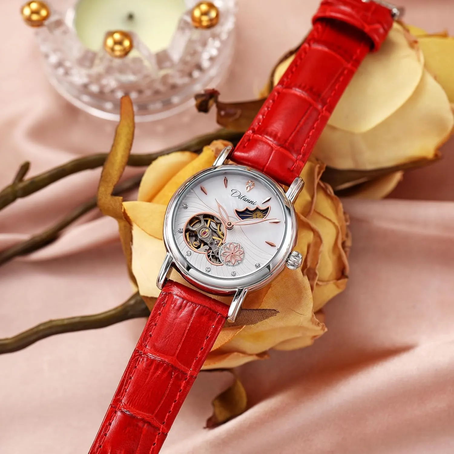 Skeleton Moon Phase frigid Dial Self-Winding Leather Strap Waterproof Ladies Dress Wristwatch Gosasa Luxury Women��s Automatic Mechanical Watches Stainless Steel 