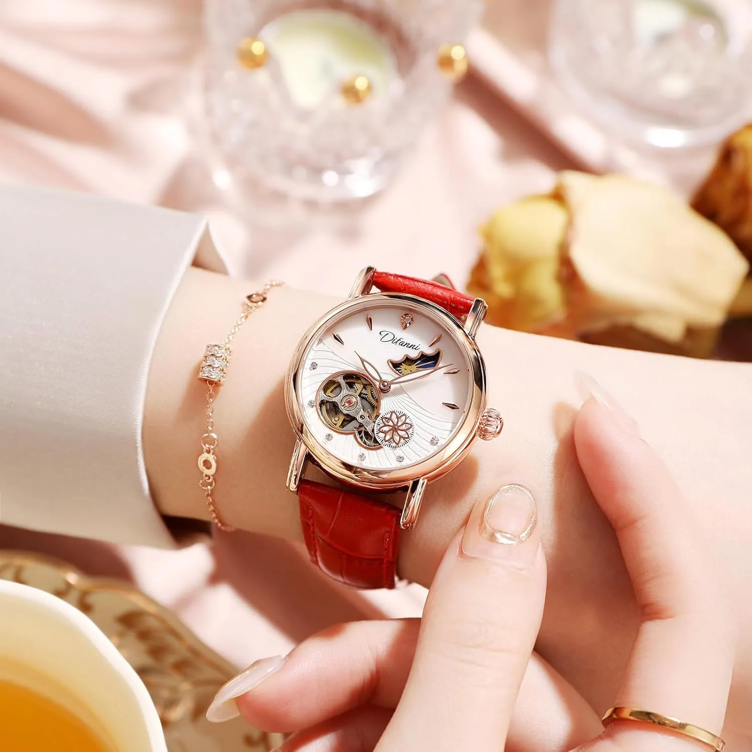 Skeleton Moon Phase frigid Dial Self-Winding Leather Strap Waterproof Ladies Dress Wristwatch Gosasa Luxury Women��s Automatic Mechanical Watches Stainless Steel 