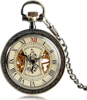 Skeleton Roman Numbers Wind Up Gift Pocket shred assistant improbable textile thicken Watch,Vintage Tree Pattern Hand Winding Pocket Watches Women Men Mechanical Chain Exquisite 