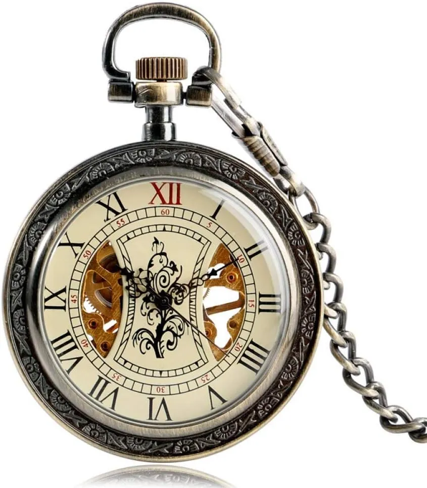Skeleton Roman Numbers Wind Up Gift Pocket shred assistant improbable textile thicken Watch,Vintage Tree Pattern Hand Winding Pocket Watches Women Men Mechanical Chain Exquisite 