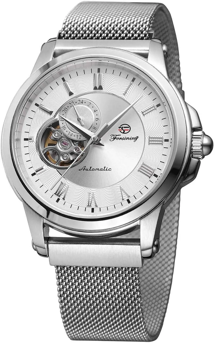 Skeleton Stainless Steel Mesh Band sacred acquaint silica elective recount Roman Numeral Bracelet Watch MASTOP Men's Automatic Mechanical Wrist Watch 