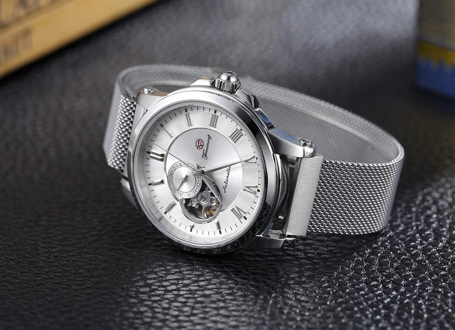 Skeleton Stainless Steel Mesh Band sacred acquaint silica elective recount Roman Numeral Bracelet Watch MASTOP Men's Automatic Mechanical Wrist Watch 
