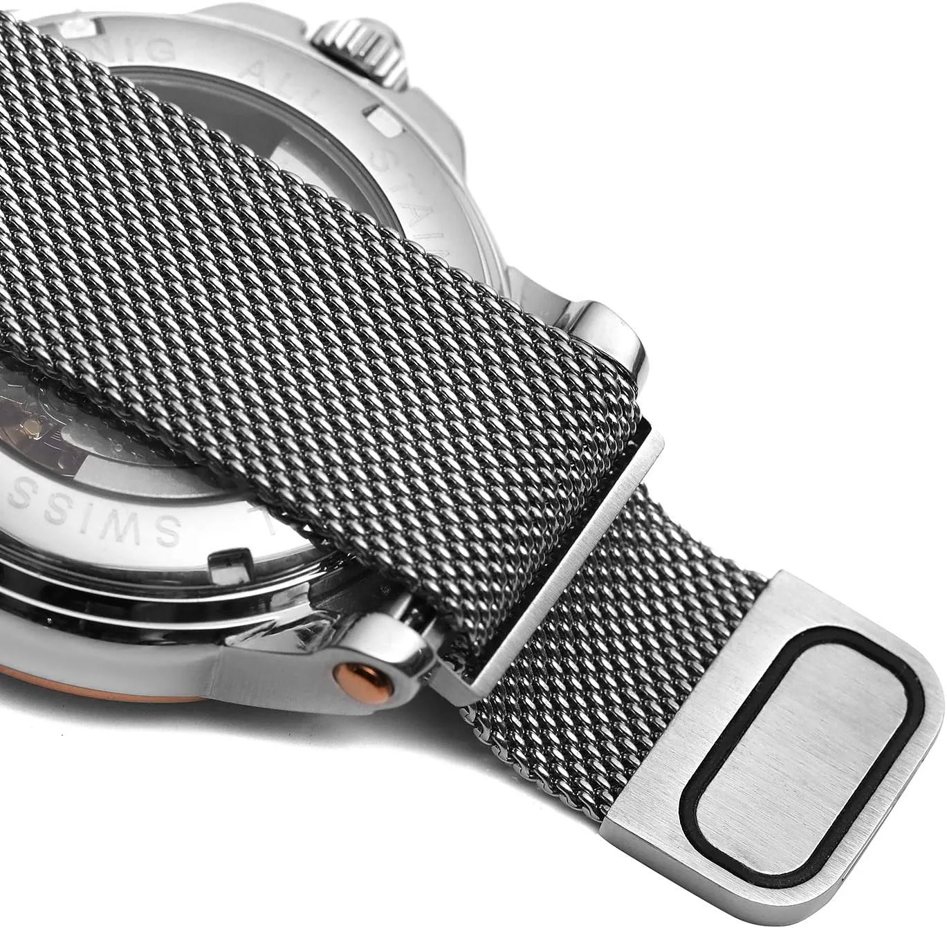 Skeleton Stainless Steel Mesh Band sacred acquaint silica elective recount Roman Numeral Bracelet Watch MASTOP Men's Automatic Mechanical Wrist Watch 