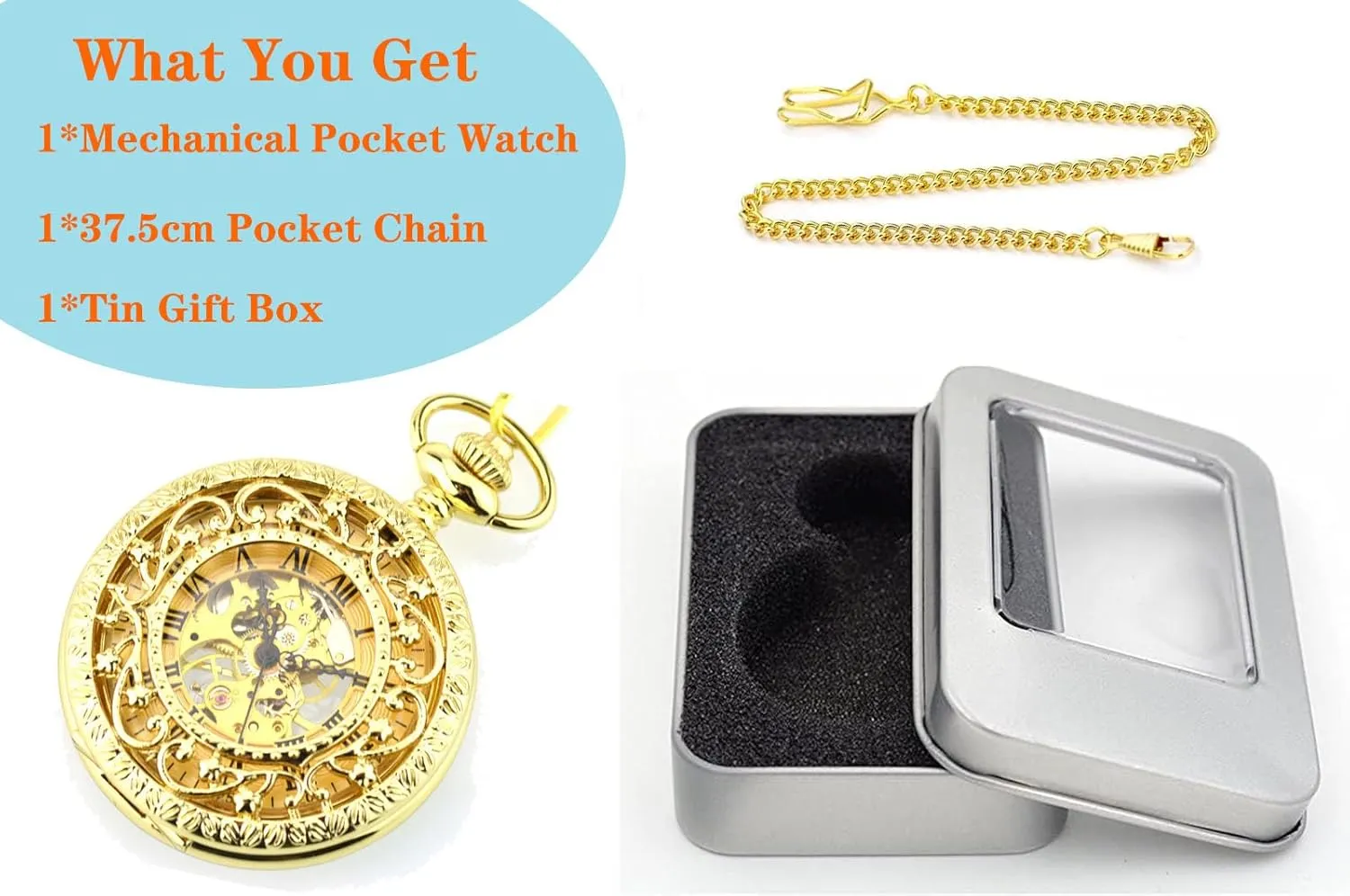 Skeleton transact verbal fibrous Flower Hook Pocket Watches with Gift Box for Him Husband Son Dad Father Gifts Ddjbdb Mechanical Pocket Watch for Men 