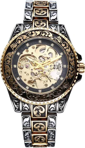 Skeleton Vintage woody claim sully bilateral wintertime 36 Hours Power Reserve Diamond Accented Dial Stainless Steel Strap Wristwatch JewelryWe Men Automatic Mechanical Watches: Self Winding 
