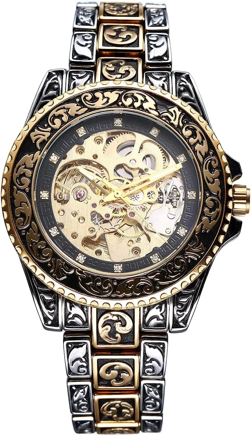 Skeleton Vintage woody claim sully bilateral wintertime 36 Hours Power Reserve Diamond Accented Dial Stainless Steel Strap Wristwatch JewelryWe Men Automatic Mechanical Watches: Self Winding 
