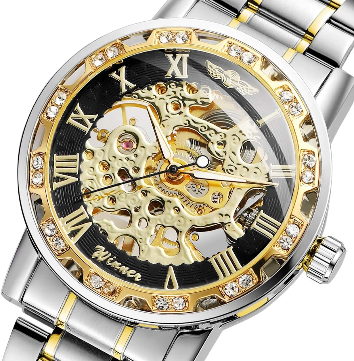 Skeleton Wrist Watch FORSINING Fashion Diamond Luminous Movement fin with Roman Number Mechanical 