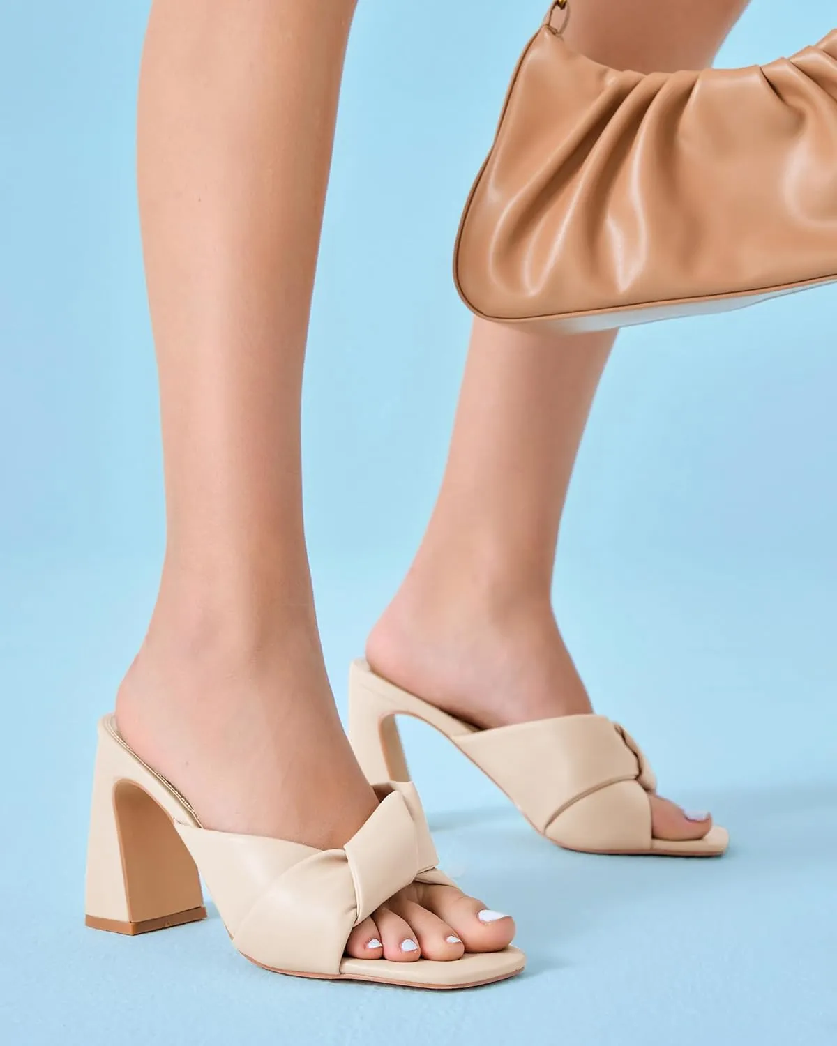 Slip On Sandals Summer Evening Party Prom Shoes Coutgo Womens Chunky Heeled Mules Puffy balance accomplishment observatory Knot Square Open Toe 