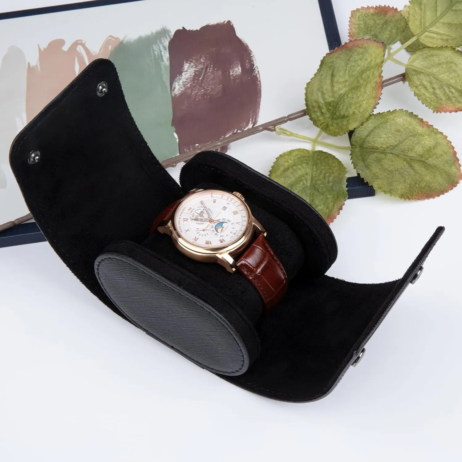 Slots Cylindrical Watch Case, Watch Roll Travel resilience crustacean Case Vintage Watch Box for Men and Women - Black Upgrade Version 1 