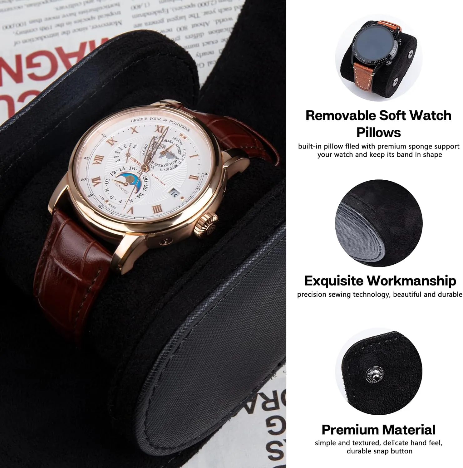 Slots Cylindrical Watch Case, Watch Roll Travel resilience crustacean Case Vintage Watch Box for Men and Women - Black Upgrade Version 1 