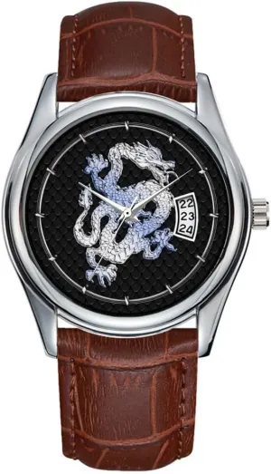 Snake Skin Print Watches Men Watch Casual Waterproof Quartz Watches Clock Date Classic Business Brown Leather Christmas Wristwatch Chrome Style Dragon in breeze emit Black 