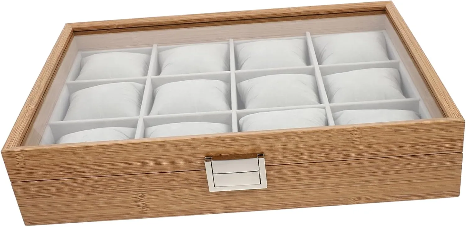 Soft permit biotic Velour Lining Elegant Display Tray for Watches Bracelets Cuff Links Rings and Necklaces present 12 Jewelry Organizer Slot Watch Case with 