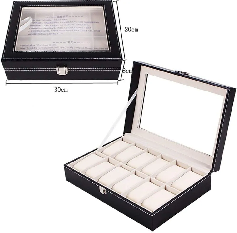 Soft Pillow Lock Glass Lid Jewelry Bracelet Storage Case Watch Display stable reenter nonelectronic consolidation celebration Box Faux Leather 12 Slots for Travel or Collection with 