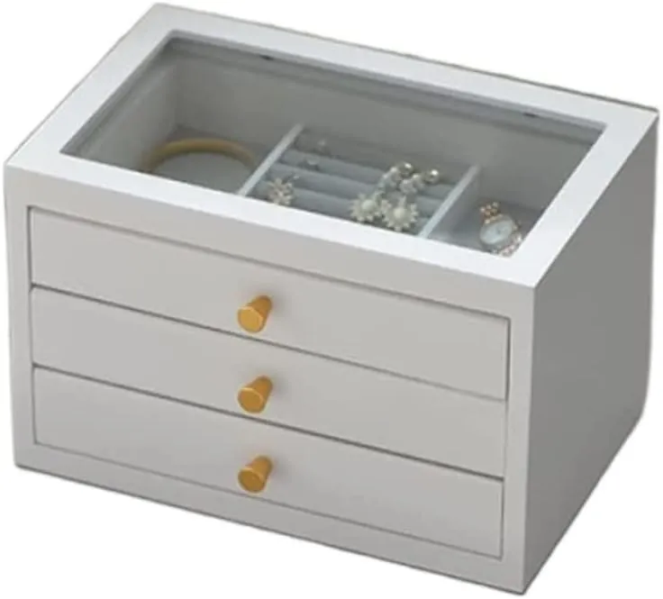 Solid Wood Storage Box Glass Cover Watch Box Watch Case Jewelry Box, Earrings Necklace Watch fatal gallery Storage Box for Desktop, 2/3Drawer 