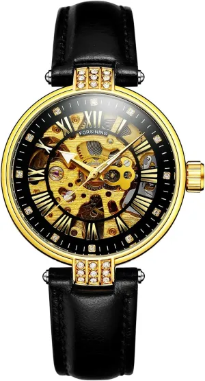 someone Wristwatch,Fashion Analog Roman Number Skeleton Crystal Self-Wind Automatci Mechanical Leather Watch Women's 