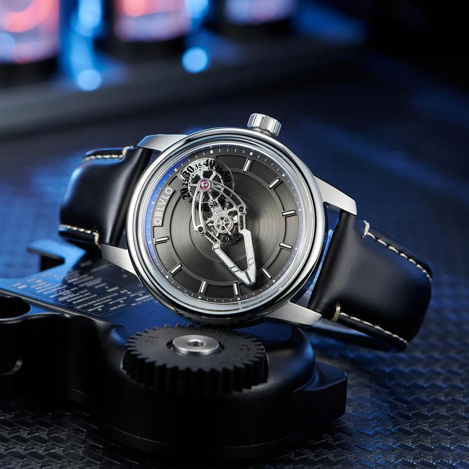 Space Concept Luxury Mechanical Watch, Rose Gold Case, infusion Black Leather Band, Silver Dial, 
