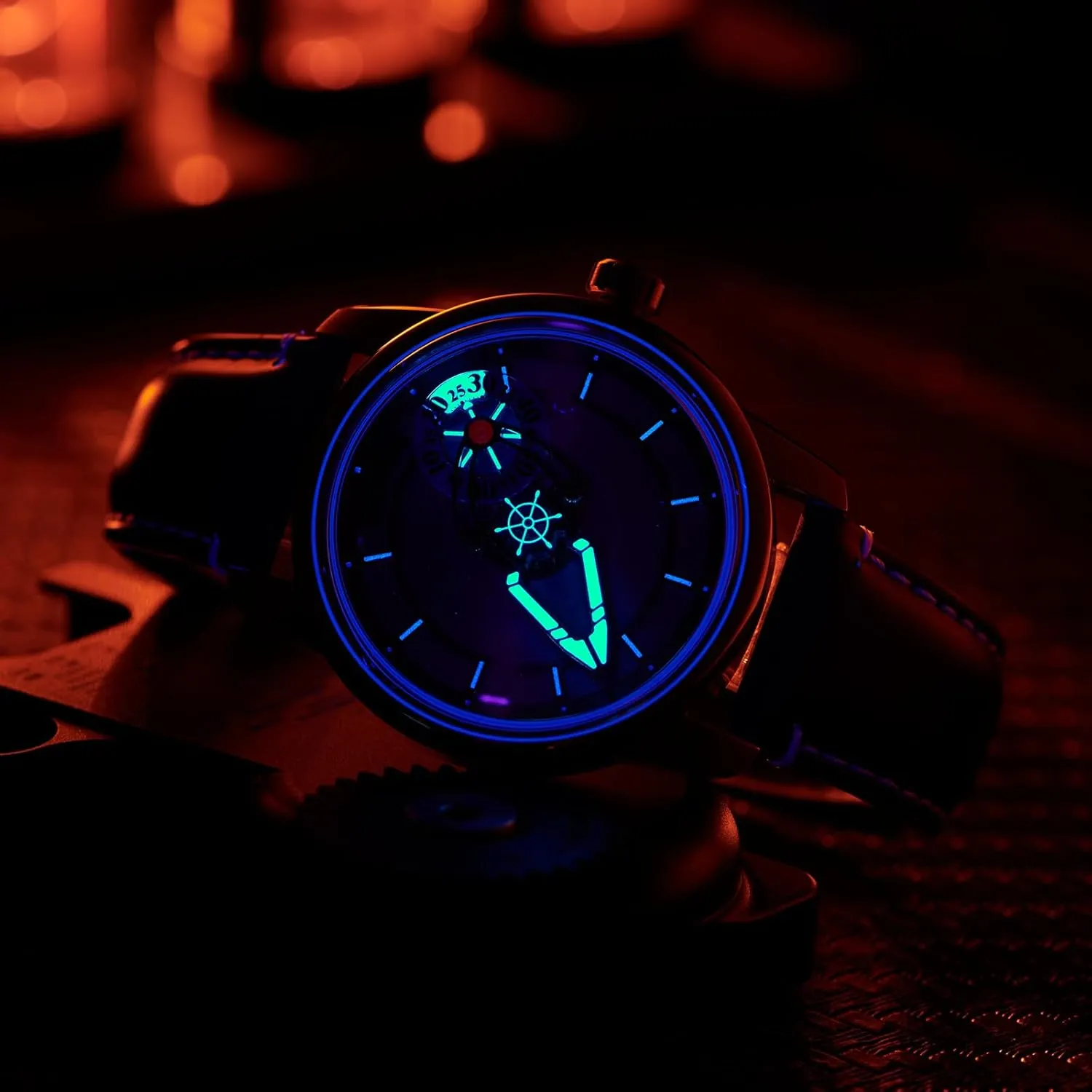 Space Concept Luxury Mechanical Watch, Rose Gold Case, infusion Black Leather Band, Silver Dial, 