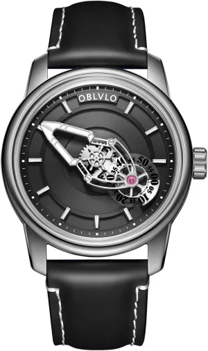 Space Concept Luxury Mechanical Watch, Rose Gold Case, infusion Black Leather Band, Silver Dial, 