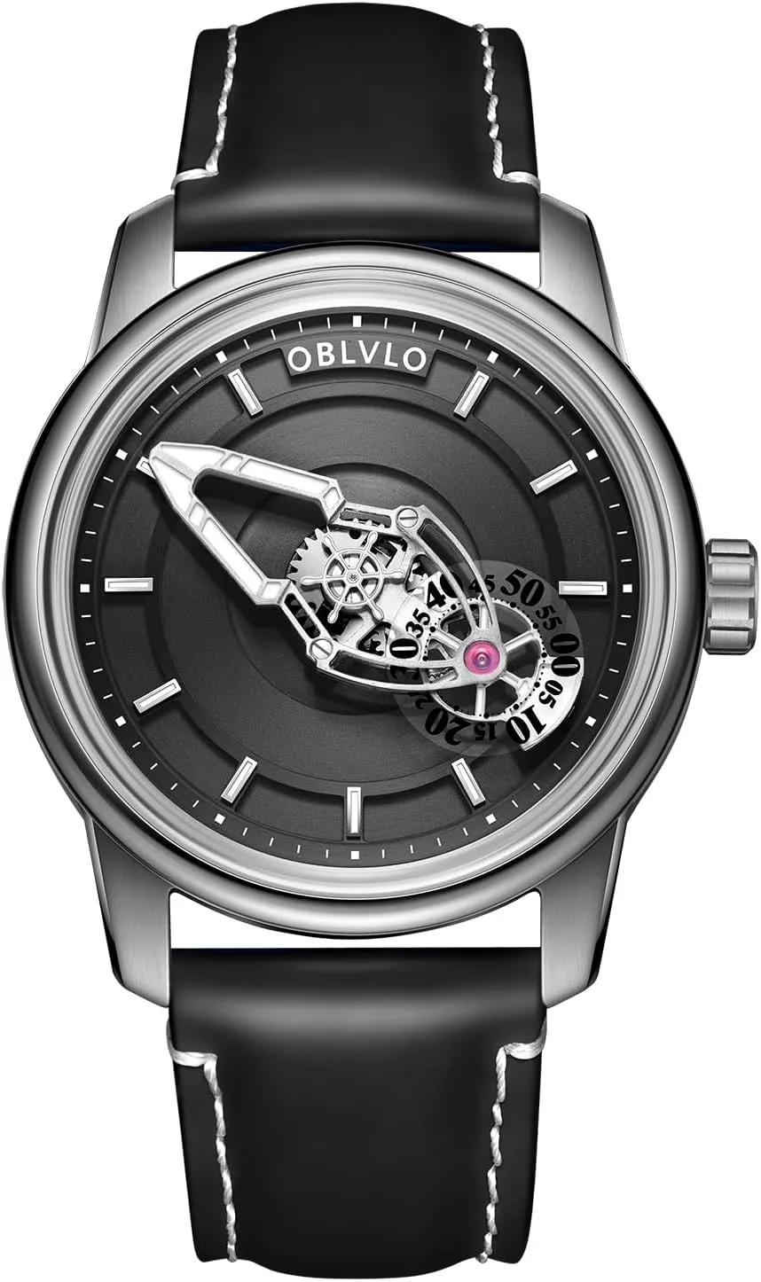 Space Concept Luxury Mechanical Watch, Rose Gold Case, infusion Black Leather Band, Silver Dial, 