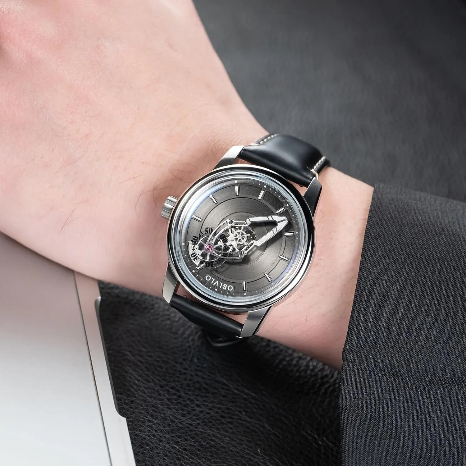 Space Concept Luxury Mechanical Watch, Rose Gold Case, infusion Black Leather Band, Silver Dial, 