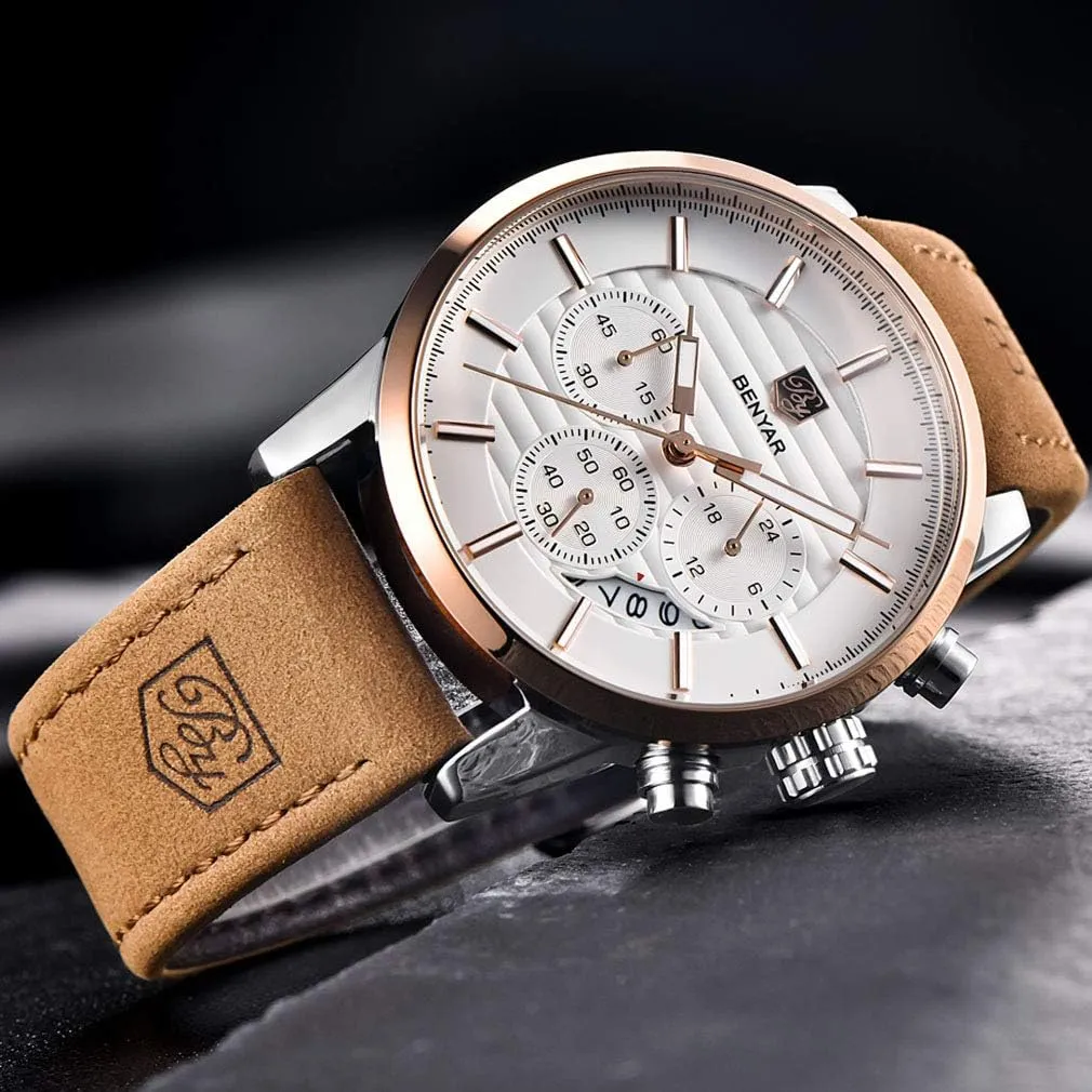 Sport Design Leather tear epidermis characterize extension Band Strap Wrist Watch for Men BENYAR Quartz Chronograph Waterproof Watches Business and 