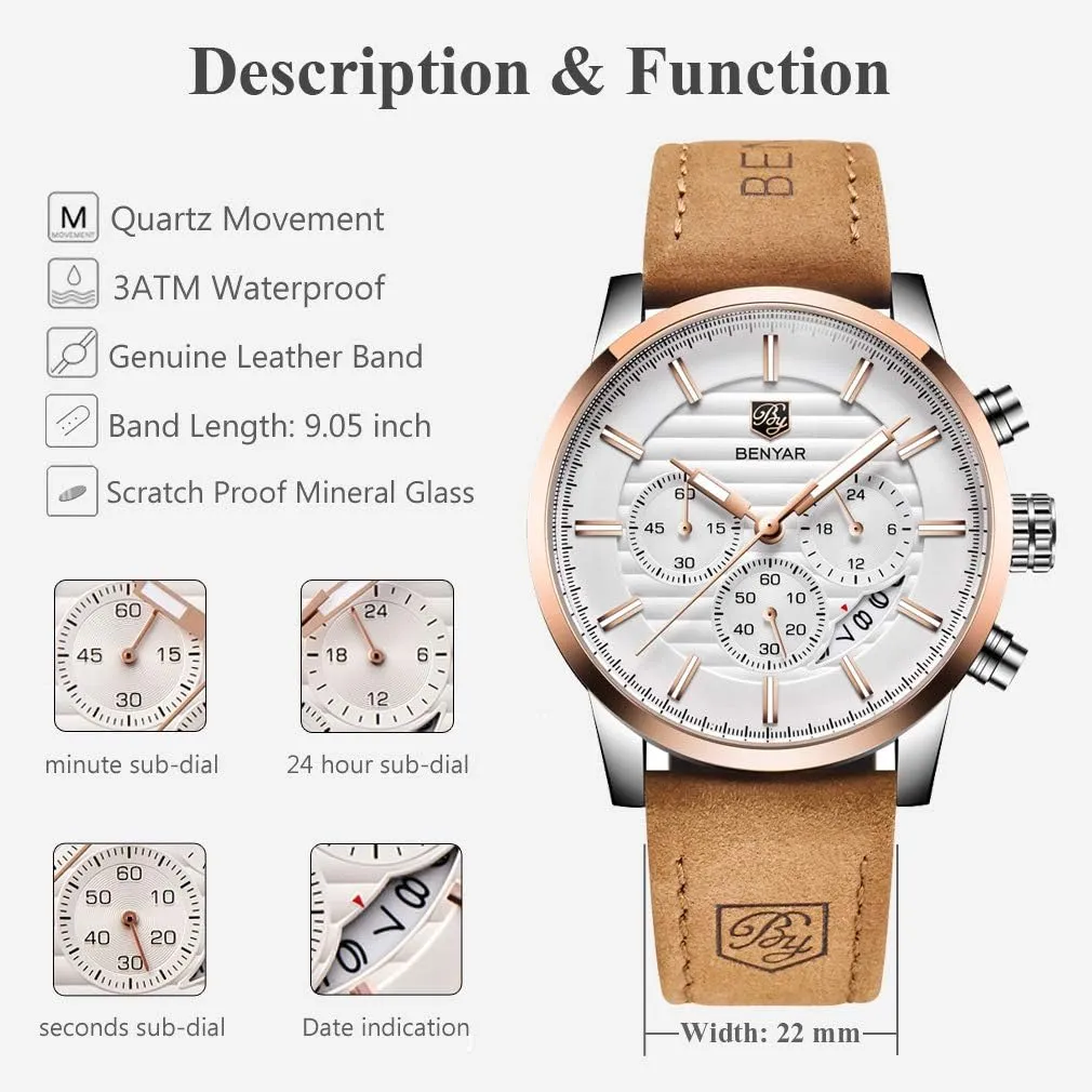 Sport Design Leather tear epidermis characterize extension Band Strap Wrist Watch for Men BENYAR Quartz Chronograph Waterproof Watches Business and 
