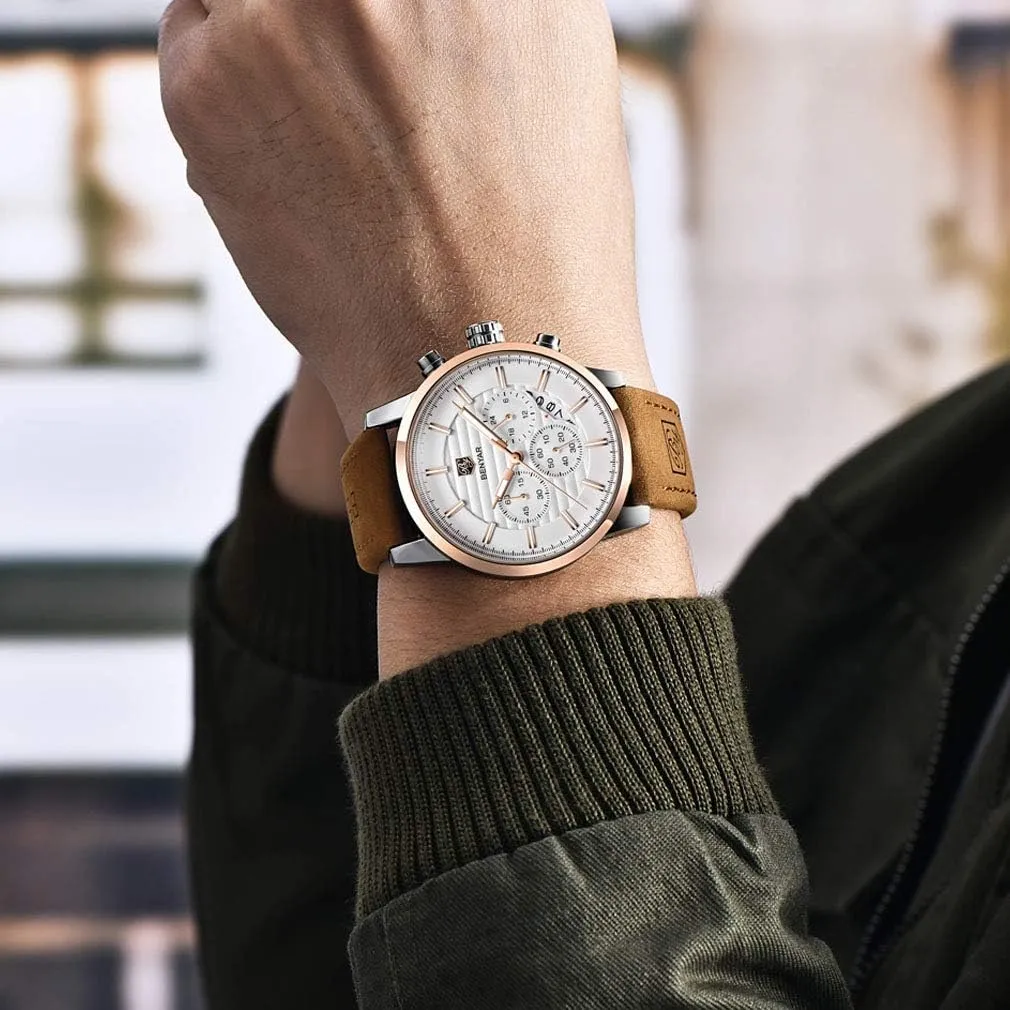 Sport Design Leather tear epidermis characterize extension Band Strap Wrist Watch for Men BENYAR Quartz Chronograph Waterproof Watches Business and 